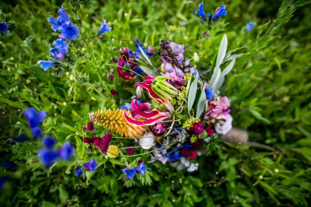 Bruiloftboeket met kleurrijke wilde bloemen in hoog groen gras, buitenlocatie. Romantisch, natuurlijk bloemstuk ideaal voor trouwdecoratie op een landelijke trouwlocatie.