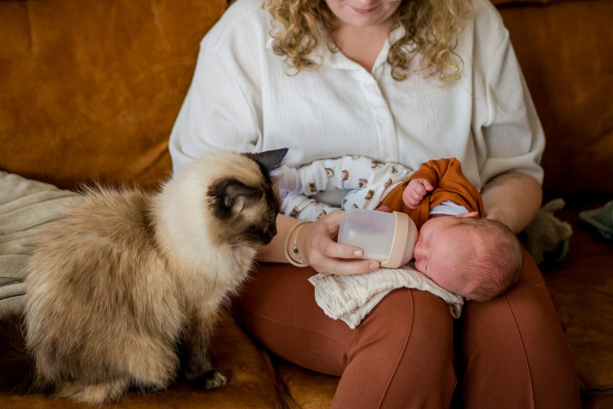 Moeder met krullend blond haar voedt baby in oranje kleding op haar schoot, naast een Siamese kat op een bruine bank.
